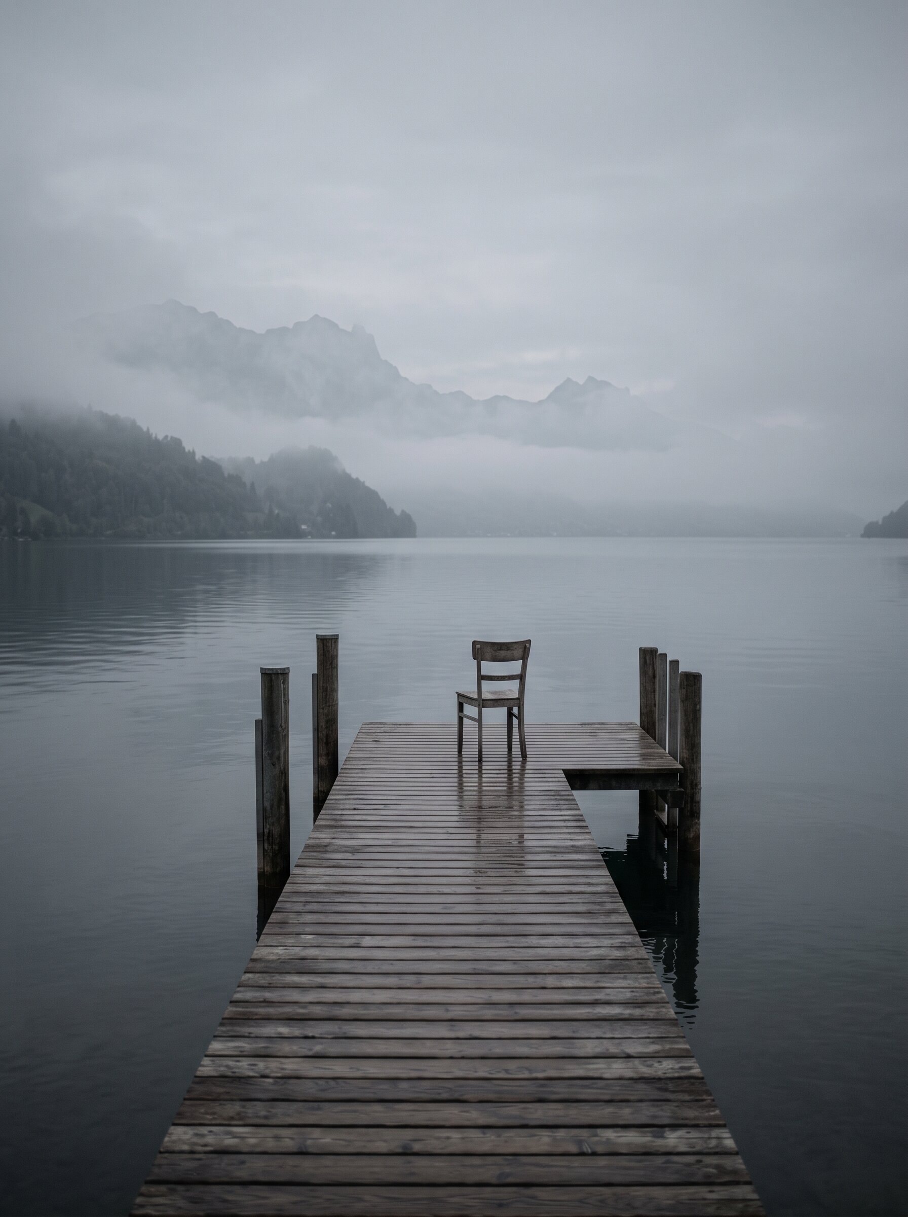 Ponton vide et chaise seule sur un lac dans la brume