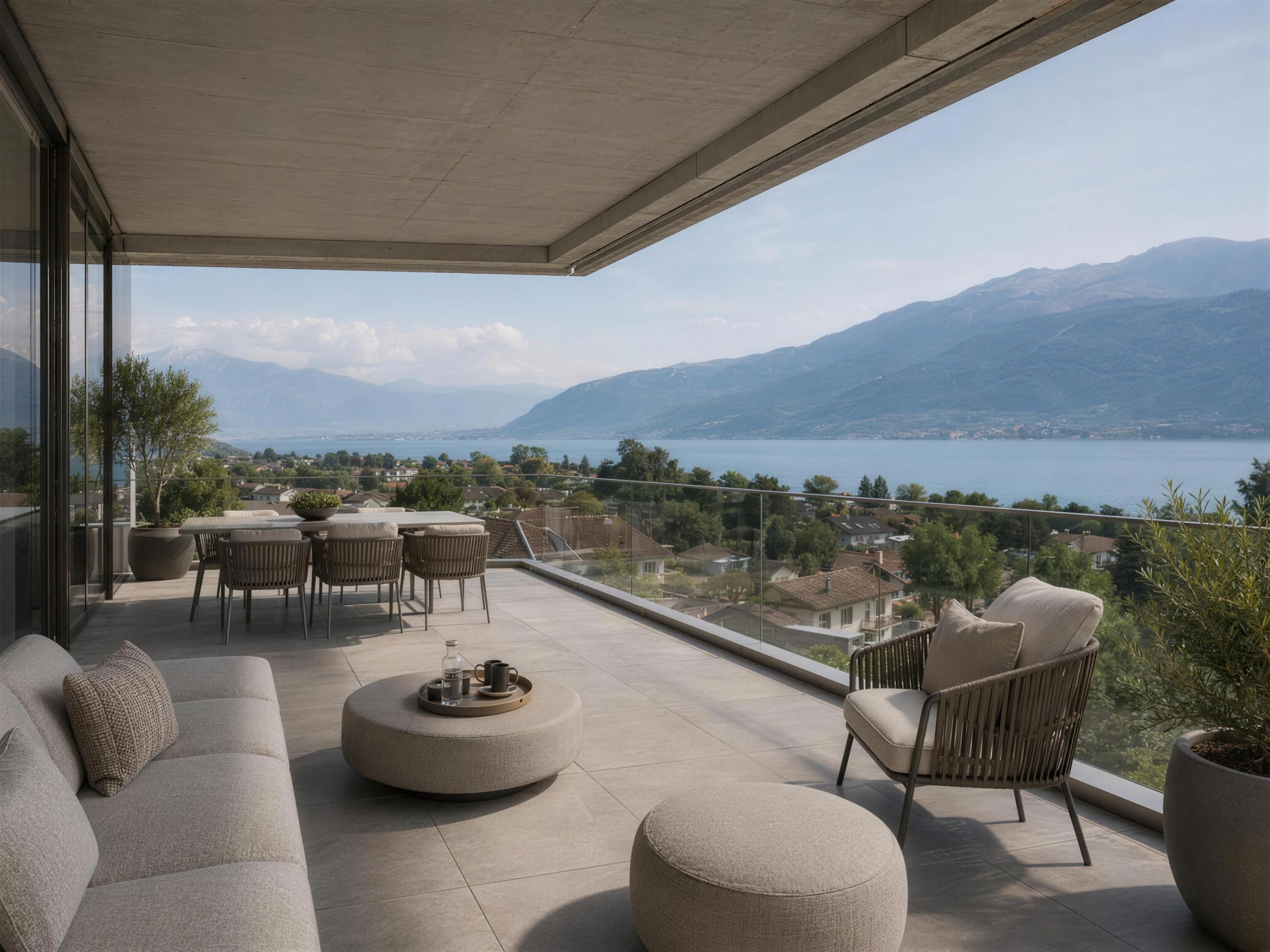 Terrace of a new-build apartment overlooking the lake and mountains, illustrating a Google Ads campaign to sell a residential development