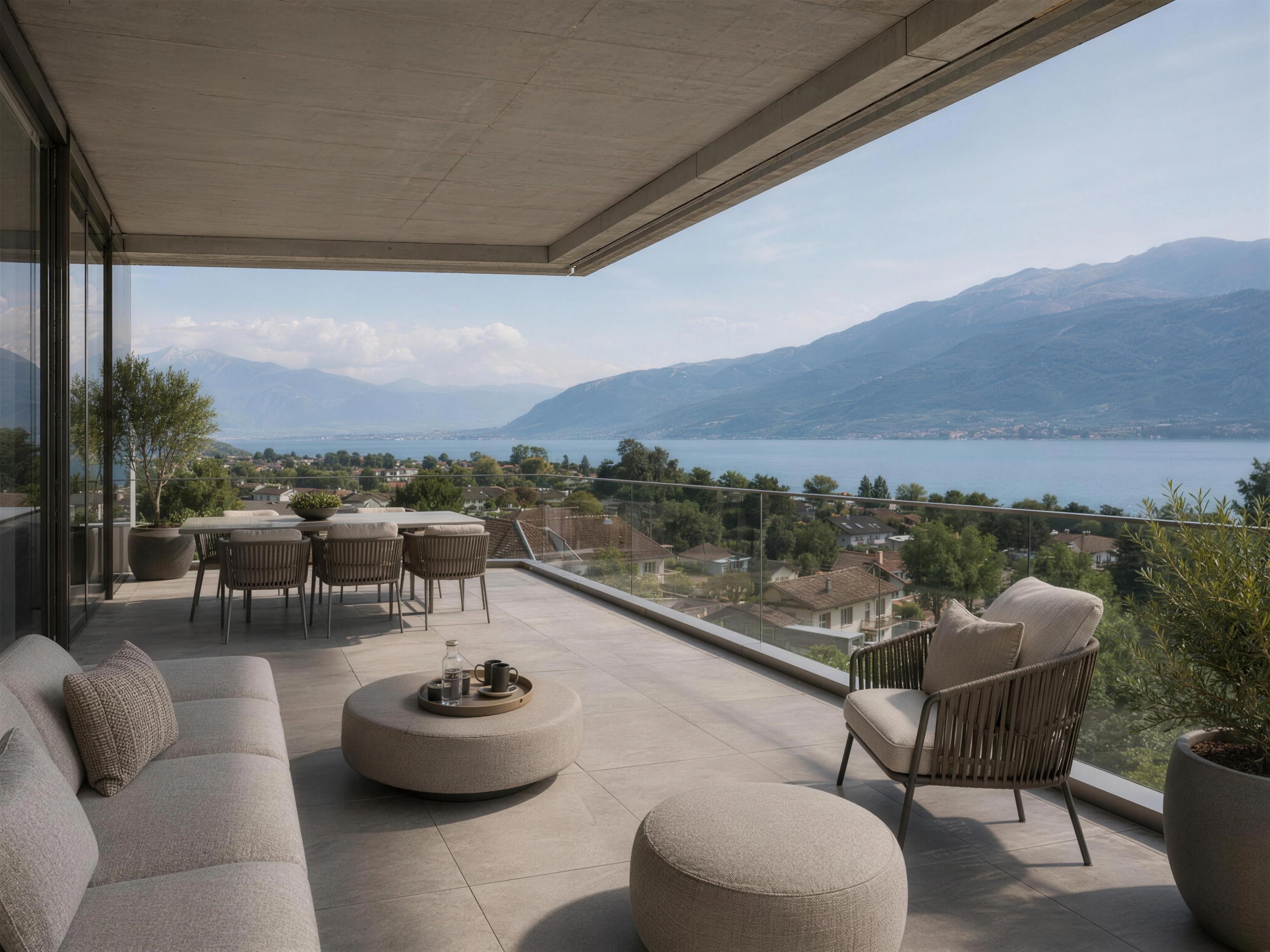 Terrasse d’attique d’une promotion neuve, vue sur le lac et les montagnes