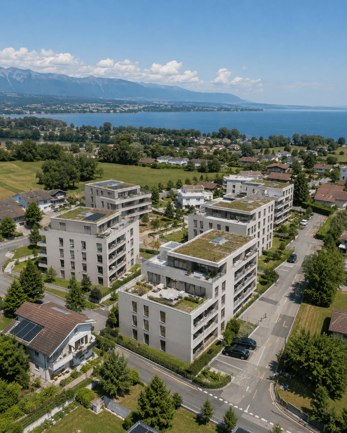 Vue aérienne d'une promotion neuve en Suisse romande, au bord du lac.
