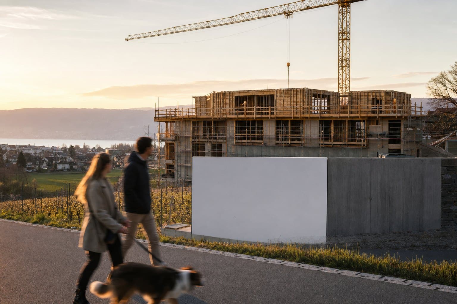 Un couple flou promène son chien devant un immeuble en construction et sa grue : les acheteurs que les portails immobiliers ne touchent pas encore