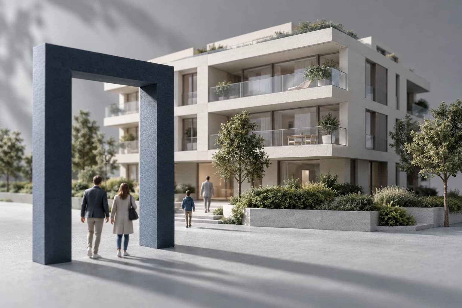 Editorial illustration of property portals: a blue door and visitors in front of a model of a residence