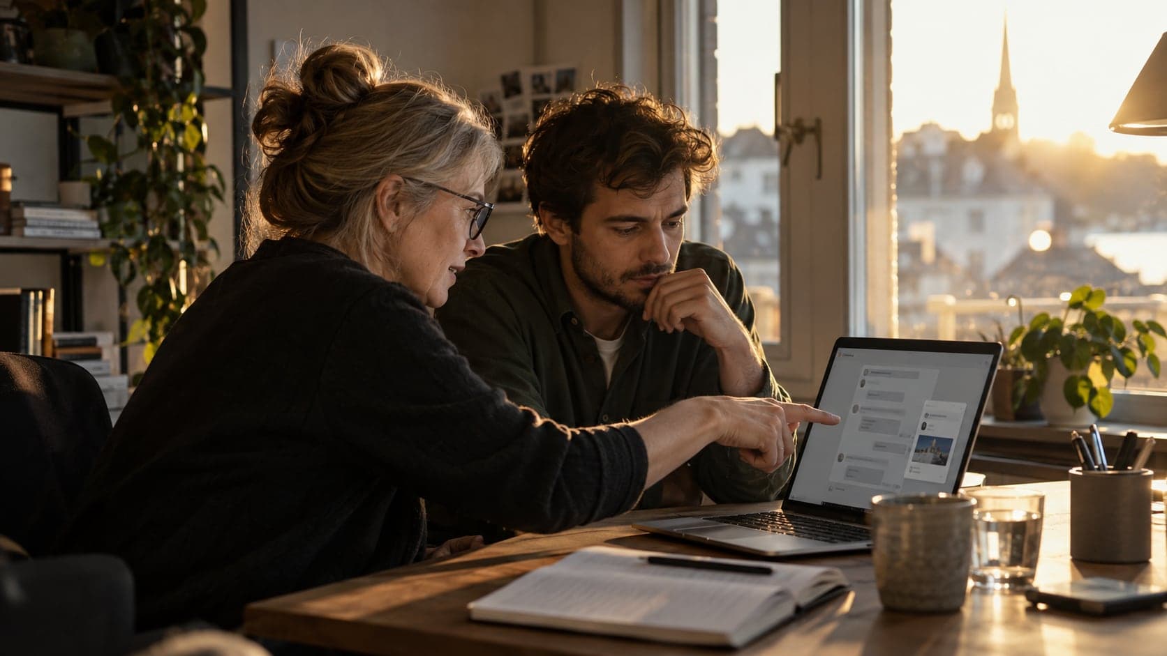ChatGPT Ads: two colleagues review a conversational interface on a laptop.