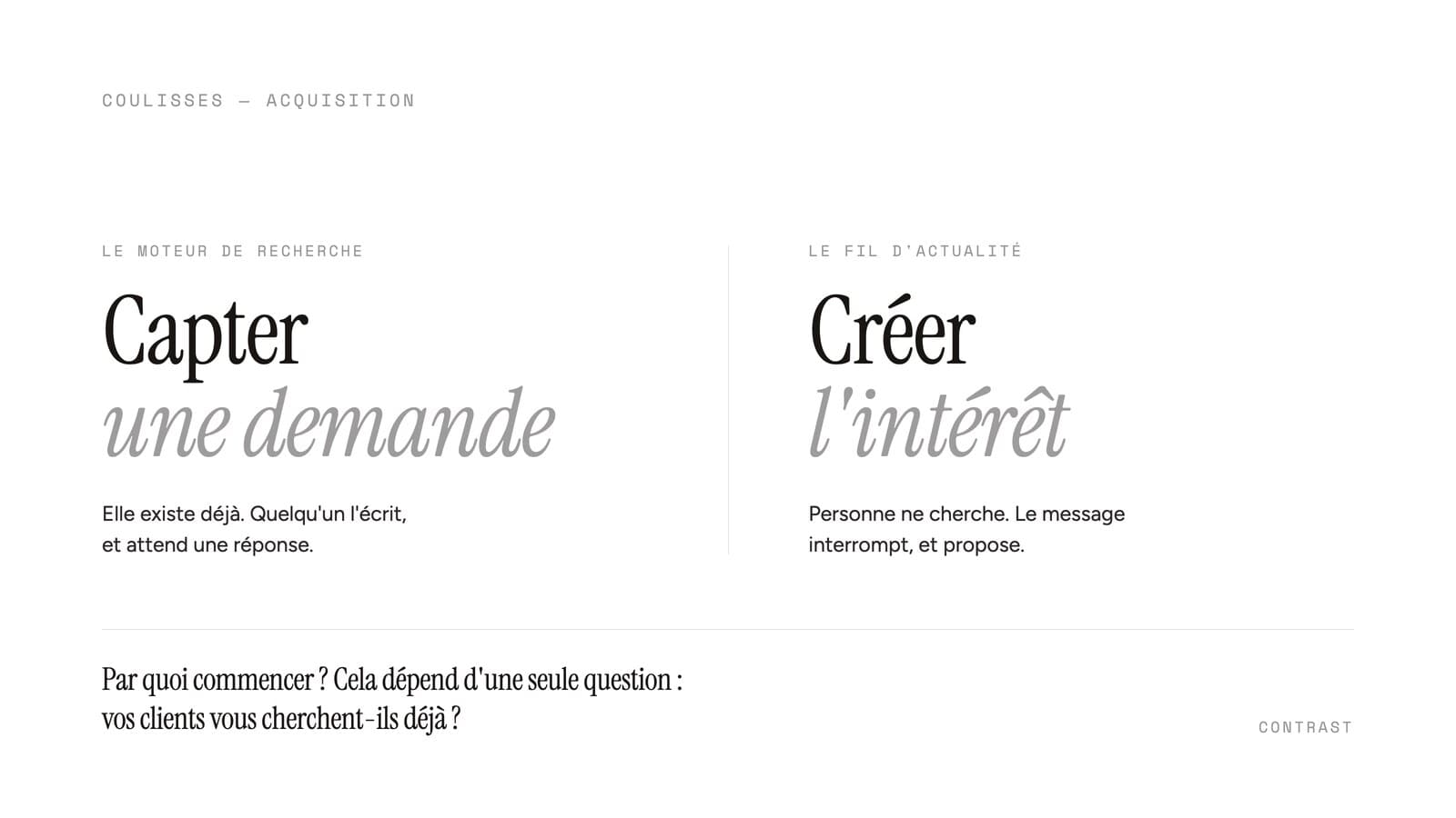 Google Ads ou Meta Ads : deux écrans de campagne côte à côte, l'un sur une recherche, l'autre sur un fil d'actualité