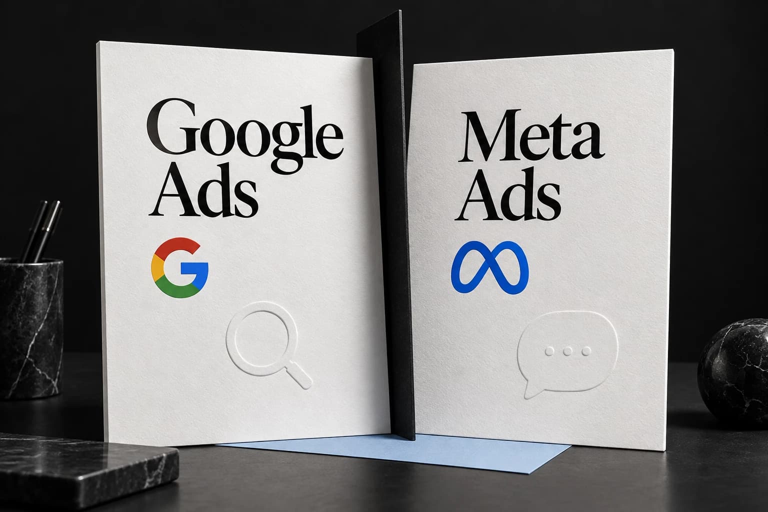 Editorial illustration: two boards for Google Ads and Meta Ads, associated with a search and a conversation