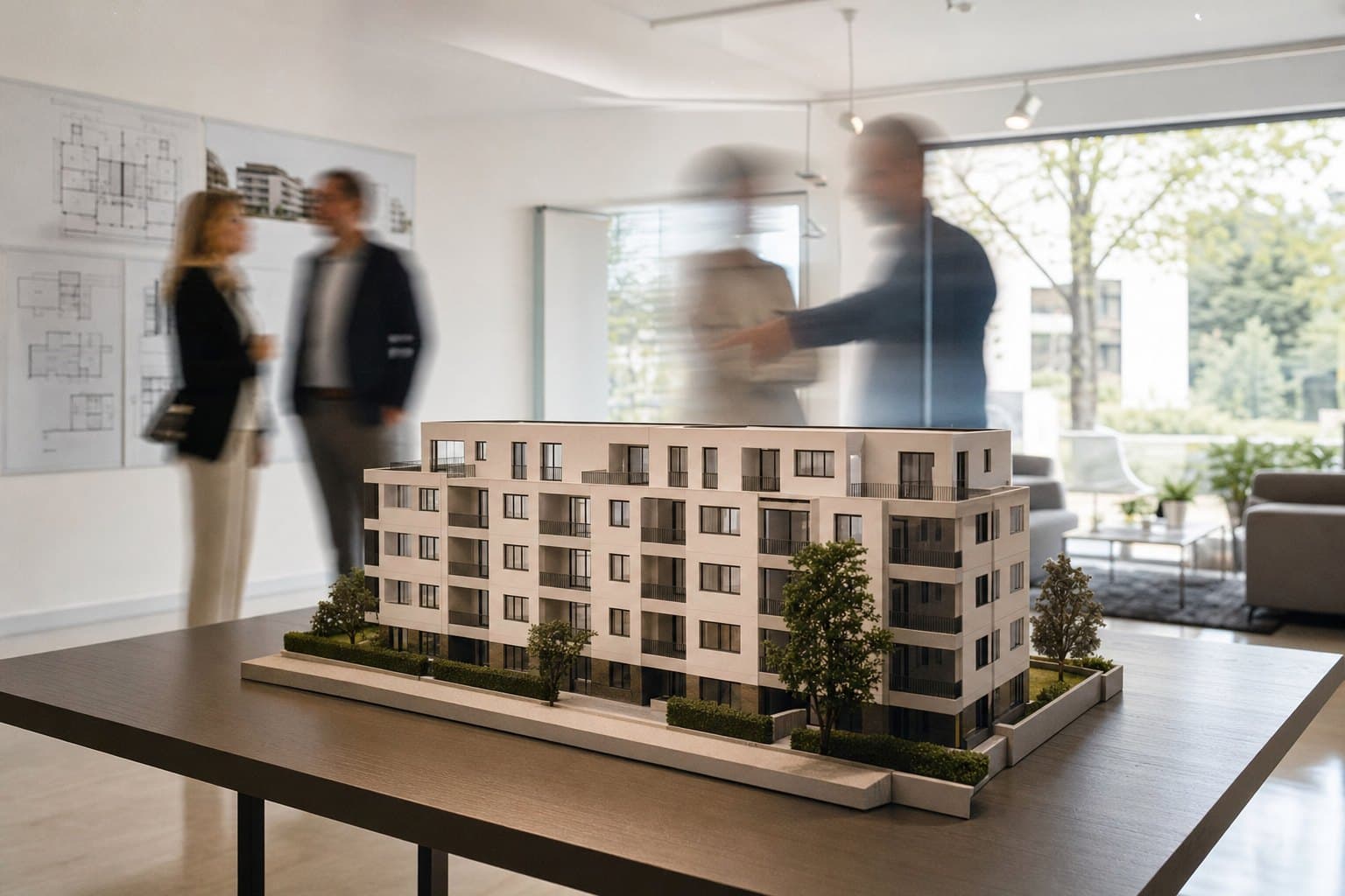 Maquette blanche d’un immeuble nette au premier plan, visiteurs et courtier flous dans l’appartement témoin : le marketing immobilier d’une promotion