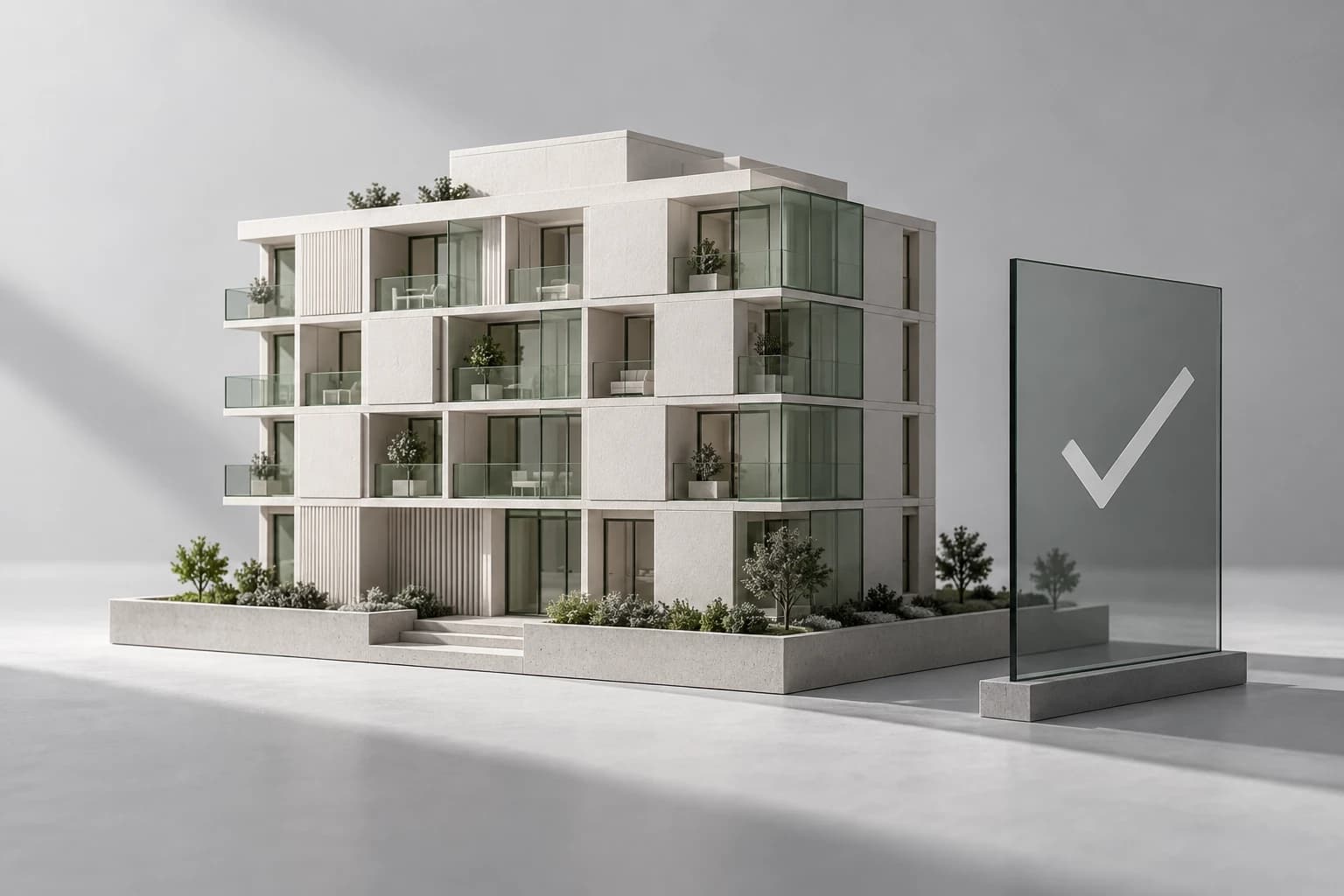 Editorial illustration of the pre-sale threshold: model of a residence and a validation symbol on a glass plate