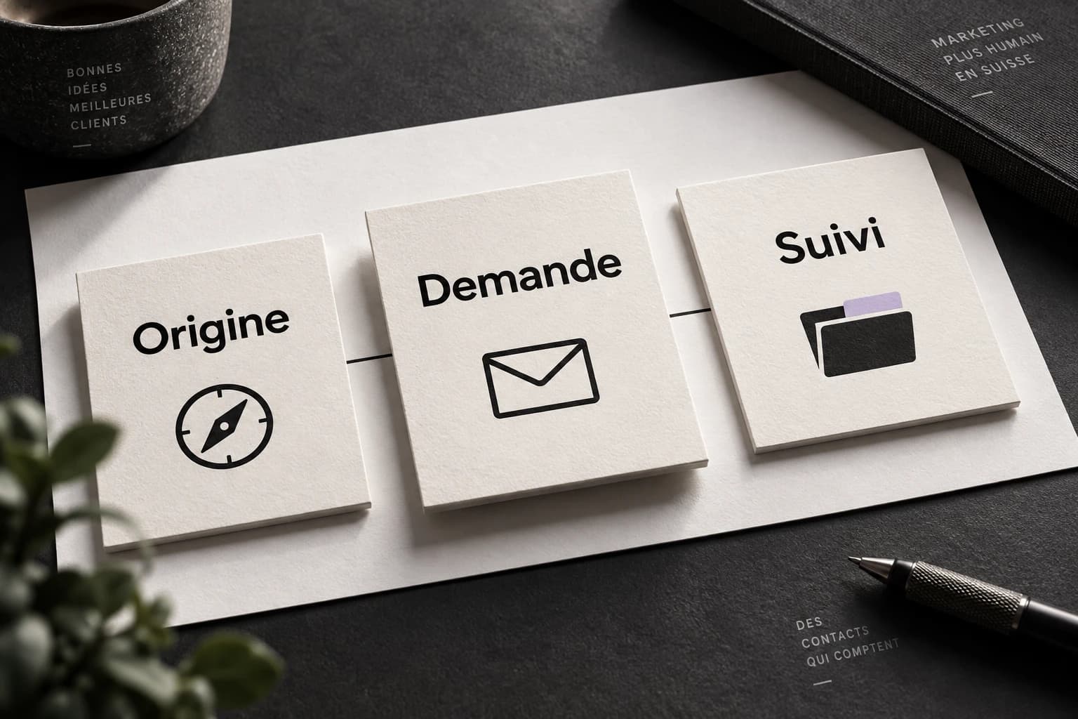 Editorial illustration of enquiry tracking: three connected cards, Source, Enquiry and Follow-up