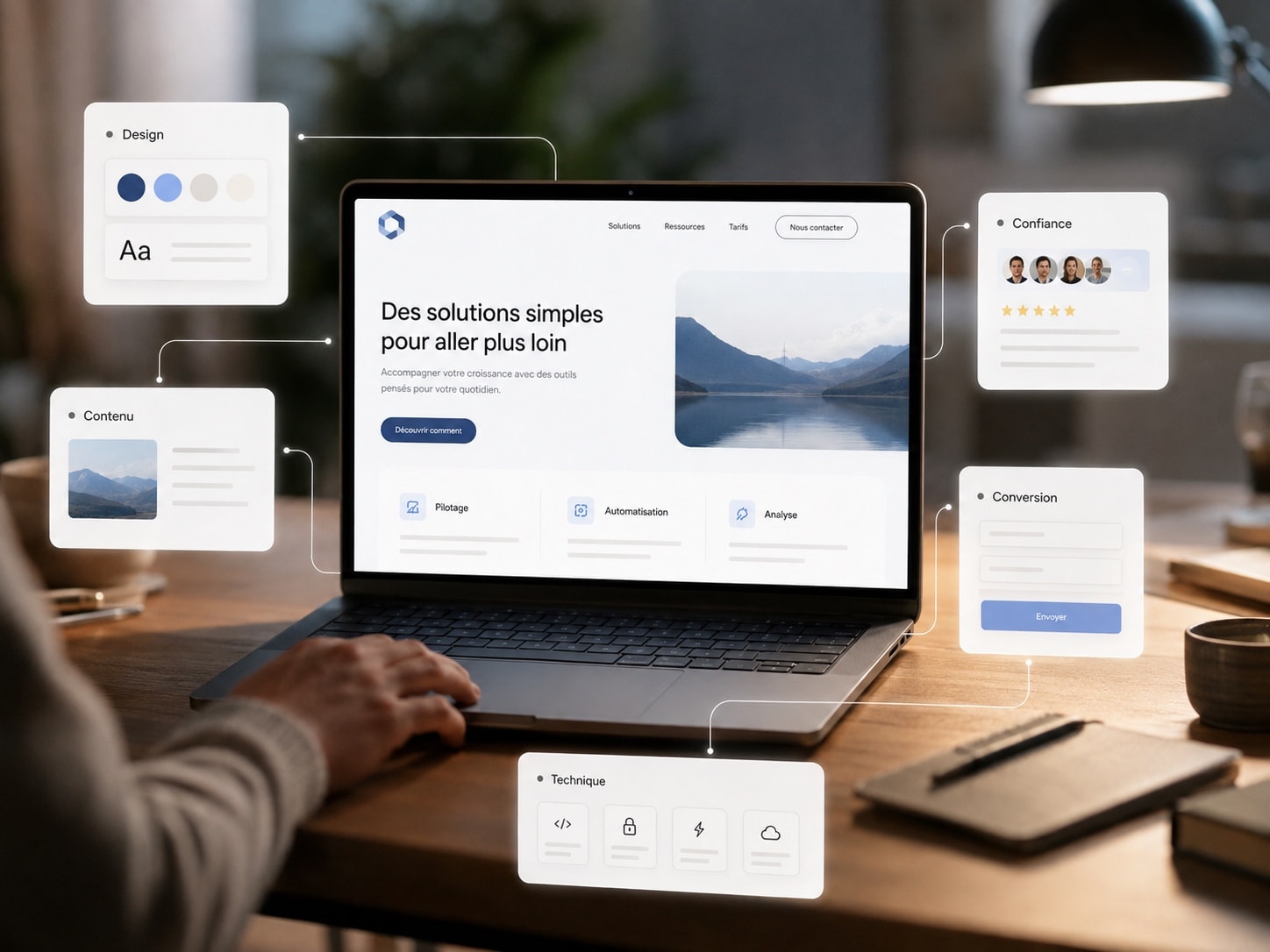 Illustration de la conception d’un site : design, contenu et parcours de contact