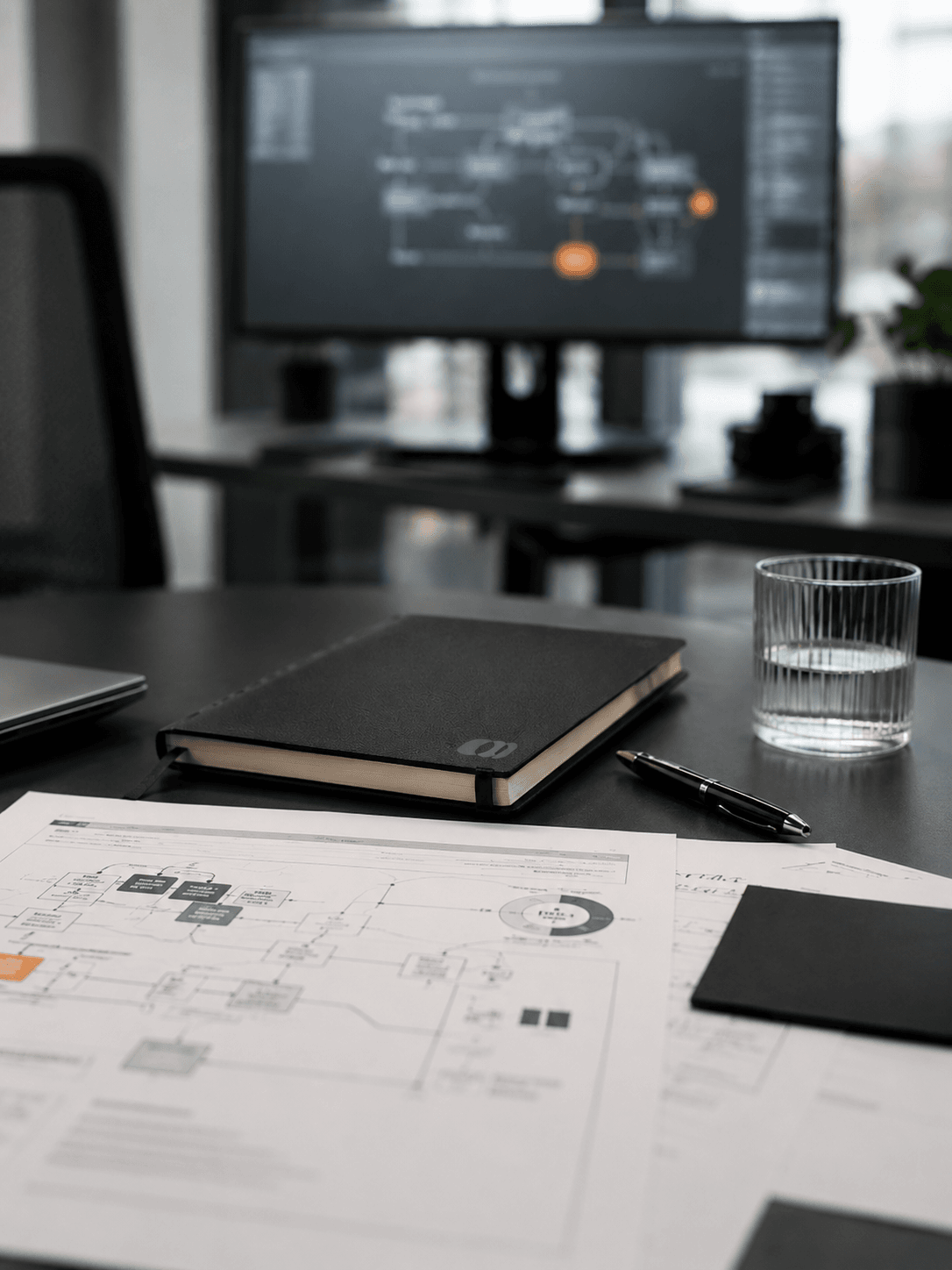 Schéma de système et plans d’architecture sur un bureau Contrast